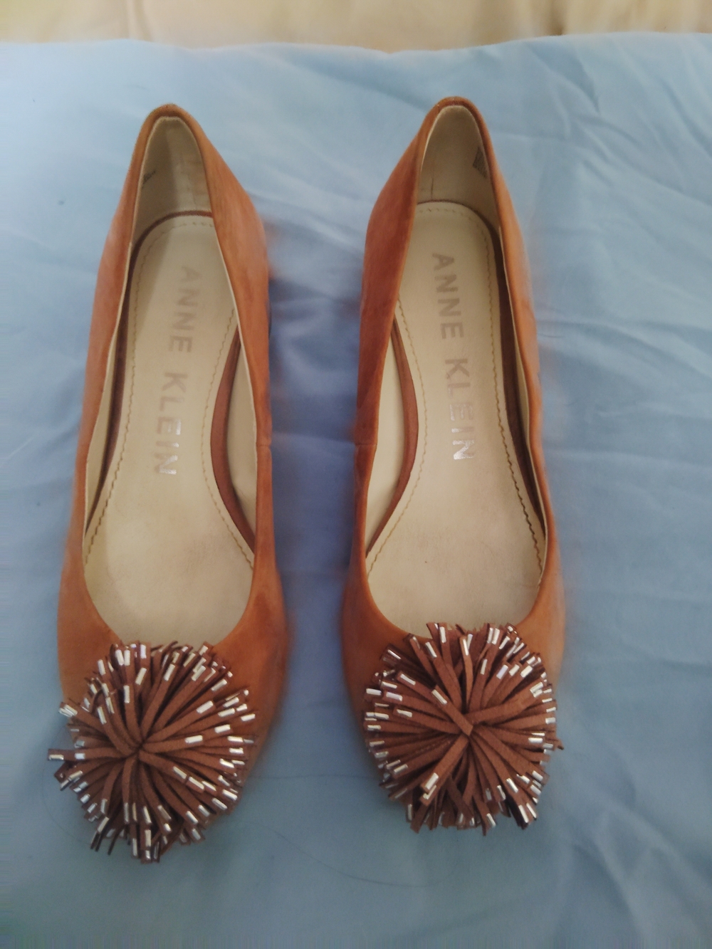 Anne Klein Brown Suede Pom-Pom Ballet Flats